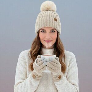 COOLPRINCE Winter Knit Beanie with Pom Pom, Fleece Lining & Mittens